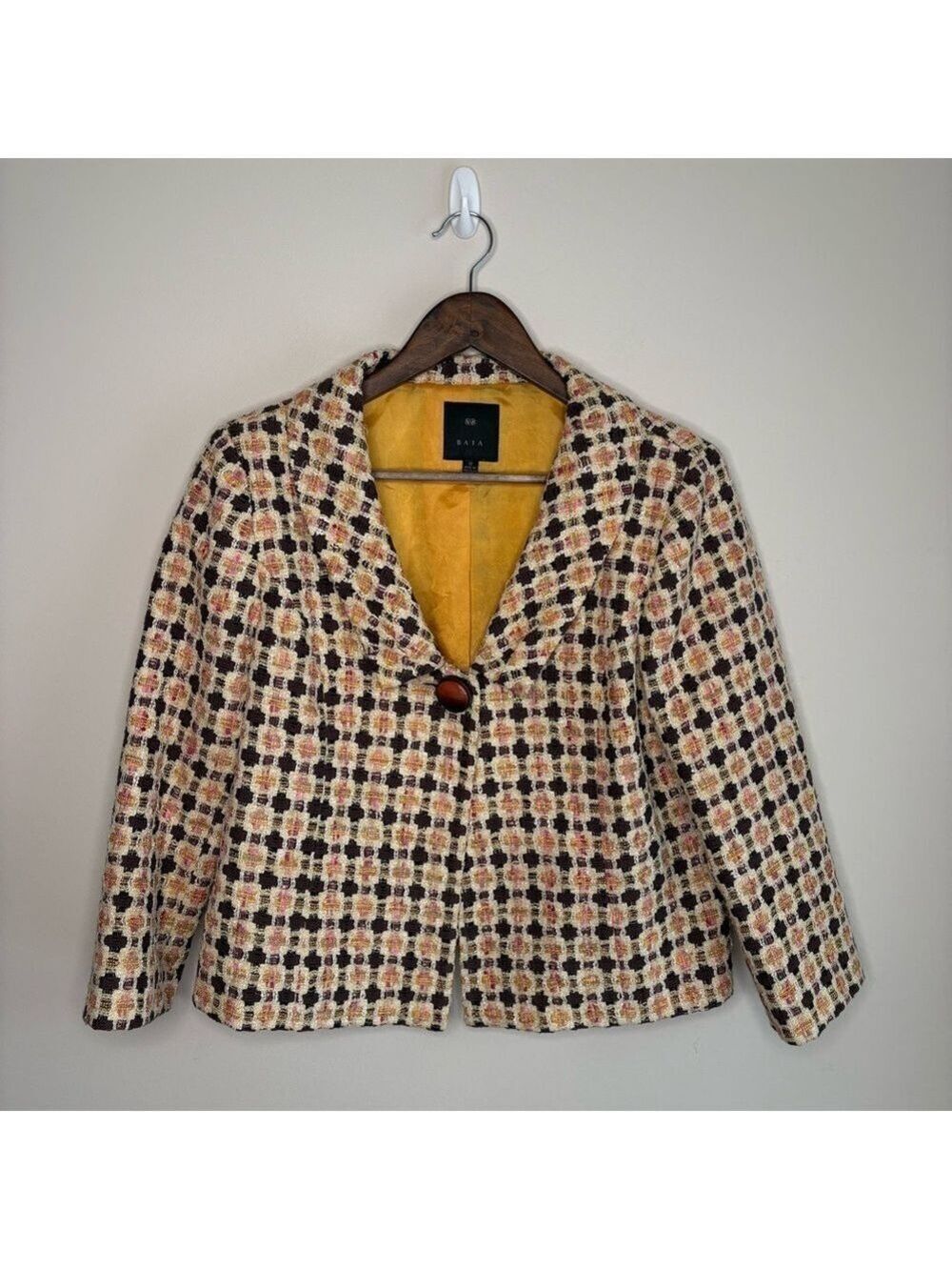 Baia Tweed Bolero Jacket Yellow Black Geo Print Size 12
